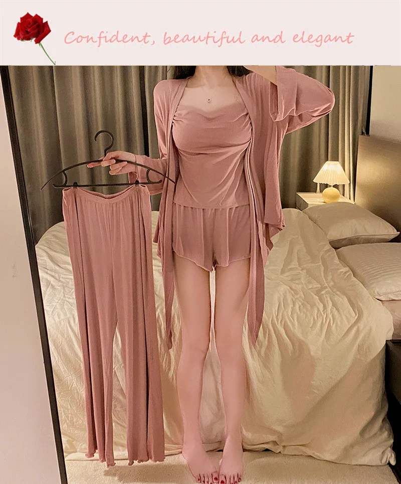 Pajamas Woman 4/3 Pcs Sexy Sleepwear Lingerie Set With Chest Pad Modal Pyjamamas Long Sleeve Pure Cotton Home Negligee Homewear