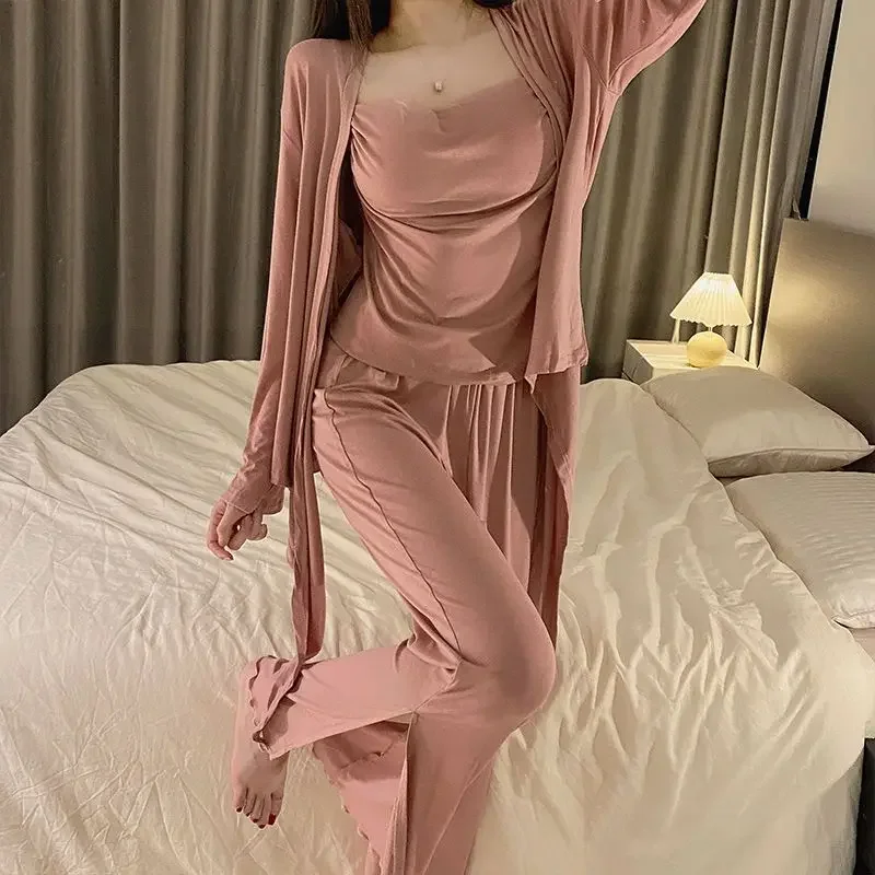 Pajamas Woman 4/3 Pcs Sexy Sleepwear Lingerie Set With Chest Pad Modal Pyjamamas Long Sleeve Pure Cotton Home Negligee Homewear