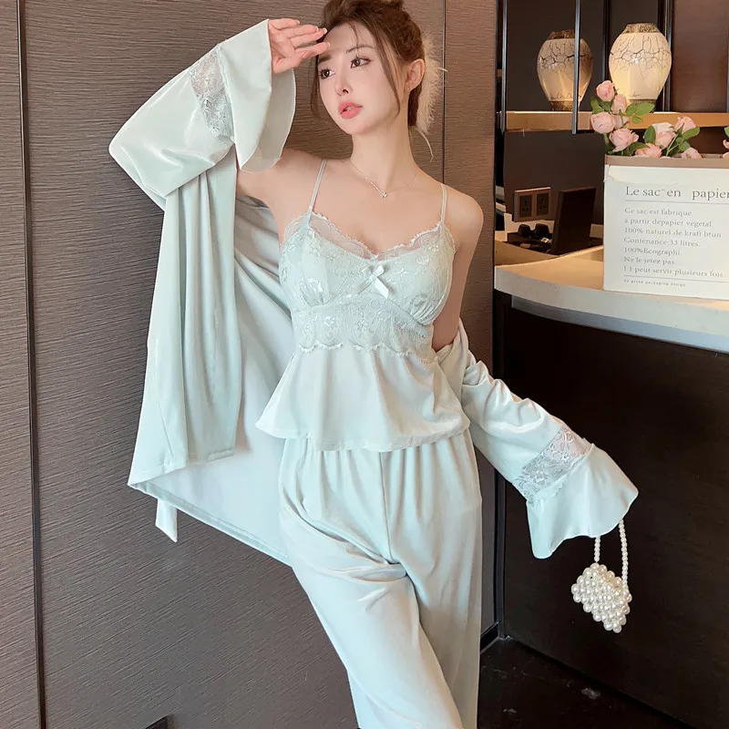 Velour Lace 3pc Sleepwear Set Women Bathrobe Pyjamas Home Clothes Autumn Winter Velvet Pajamas Suit Casual Nightshirts Lingerie