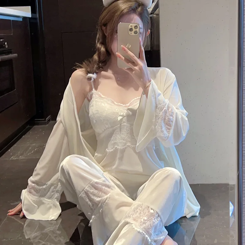 Velour Lace 3pc Sleepwear Set Women Bathrobe Pyjamas Home Clothes Autumn Winter Velvet Pajamas Suit Casual Nightshirts Lingerie