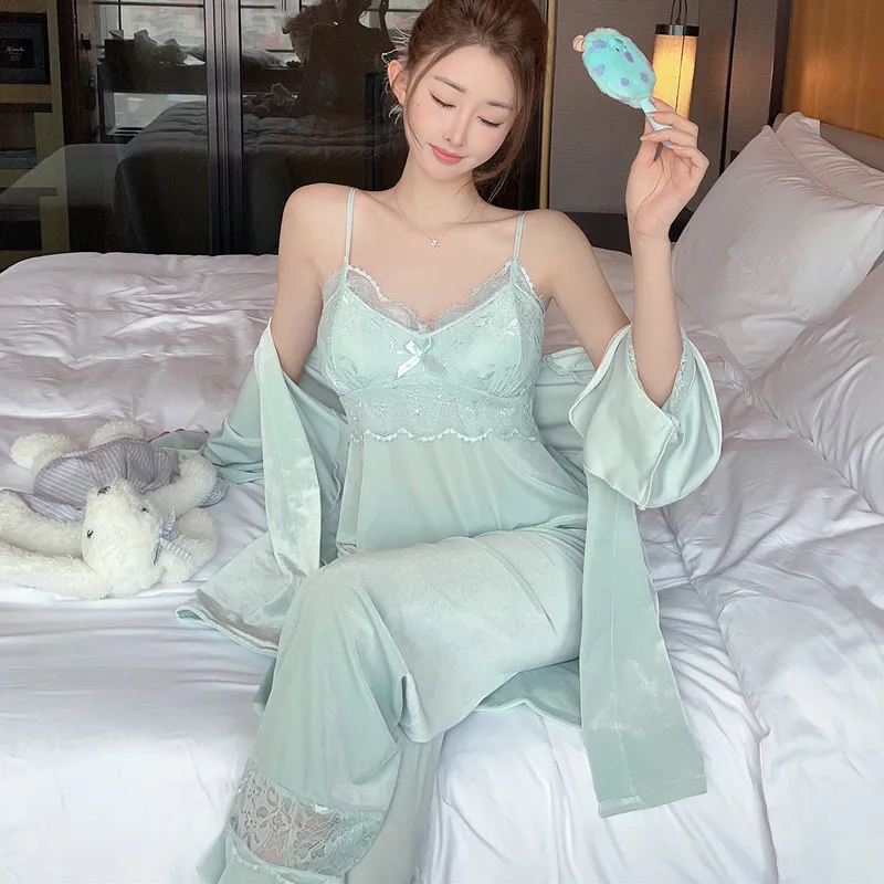 Velour Lace 3pc Sleepwear Set Women Bathrobe Pyjamas Home Clothes Autumn Winter Velvet Pajamas Suit Casual Nightshirts Lingerie