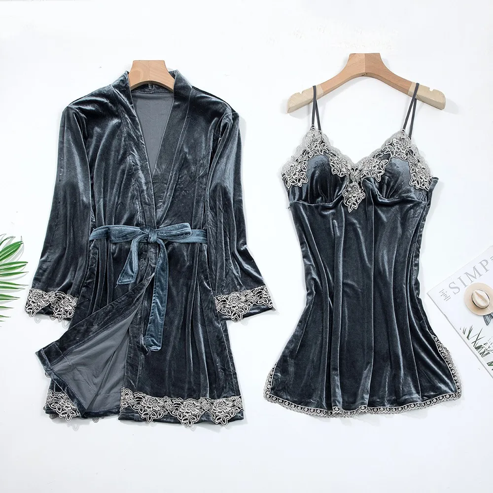 Sexy Lace Nightwear Pajamas Suit Intimate Lingerie Women Velour Sleep Set 5PCS Kimono Robe Velvet Soft Homewear Sleepwear