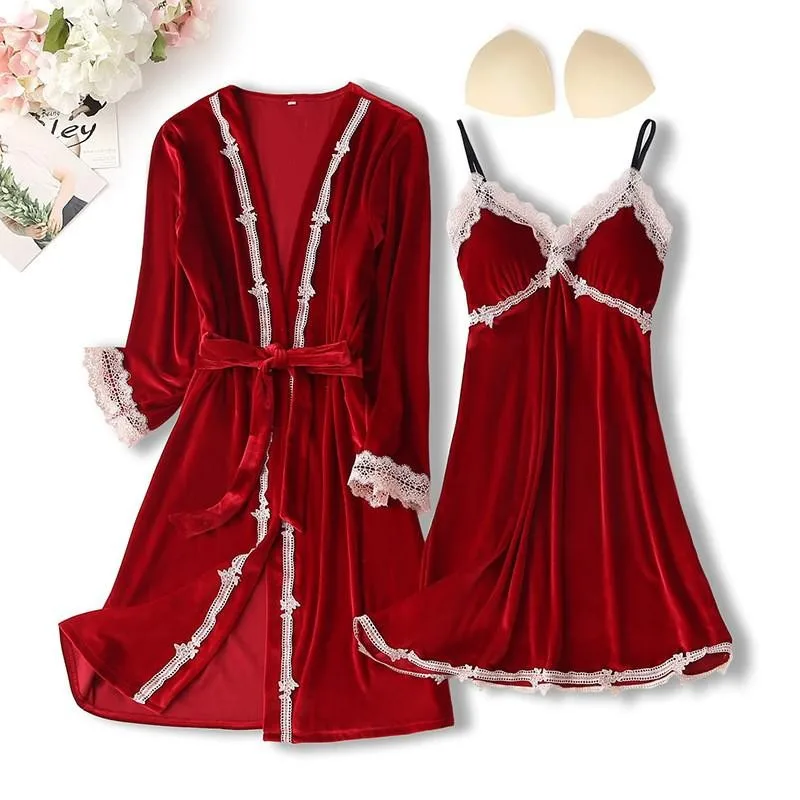 Sexy Lace Nightwear Pajamas Suit Intimate Lingerie Women Velour Sleep Set 5PCS Kimono Robe Velvet Soft Homewear Sleepwear