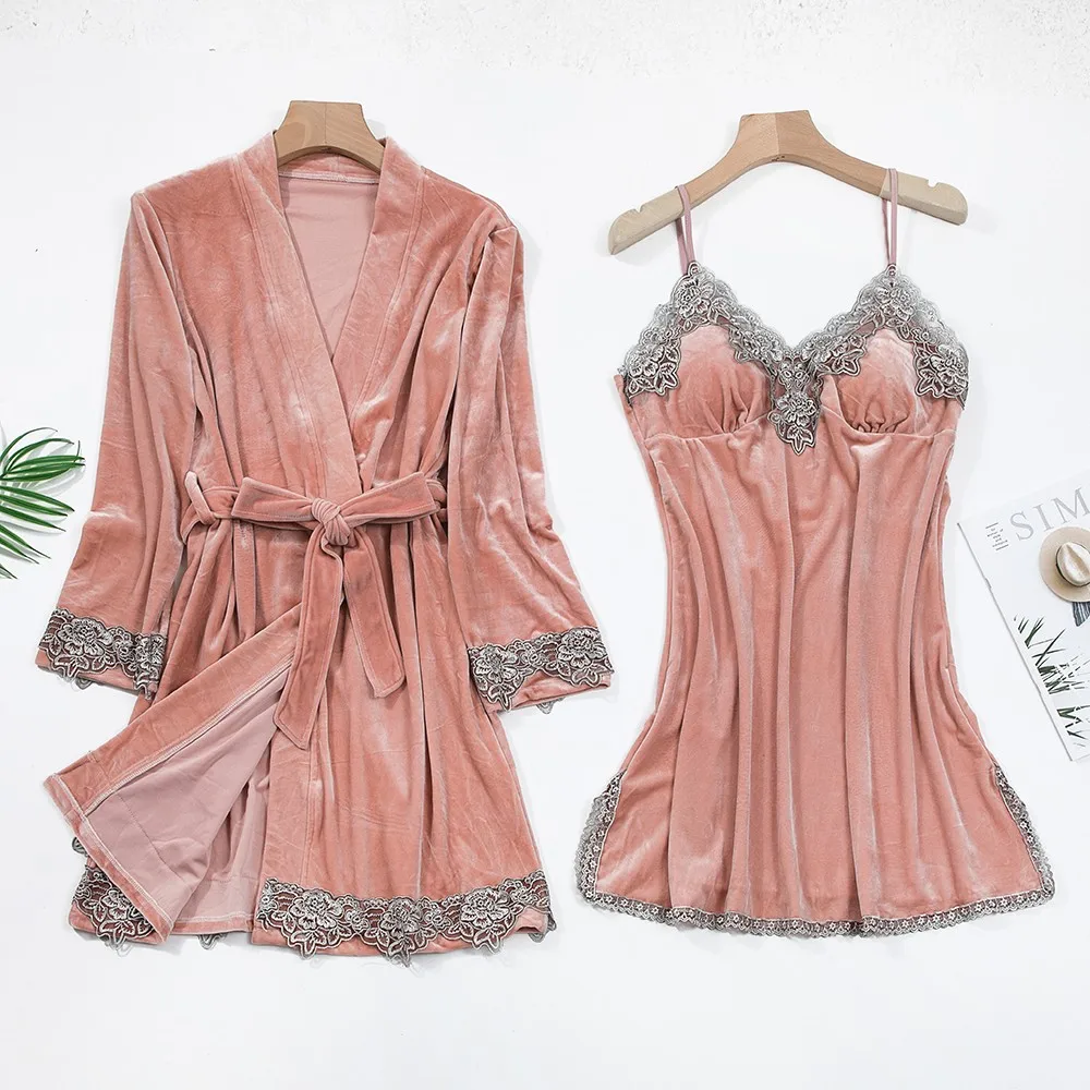 Sexy Lace Nightwear Pajamas Suit Intimate Lingerie Women Velour Sleep Set 5PCS Kimono Robe Velvet Soft Homewear Sleepwear