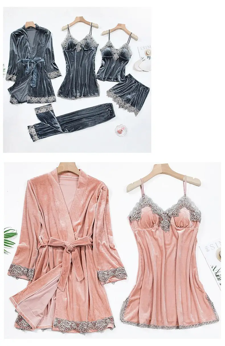 Sexy Lace Nightwear Pajamas Suit Intimate Lingerie Women Velour Sleep Set 5PCS Kimono Robe Velvet Soft Homewear Sleepwear