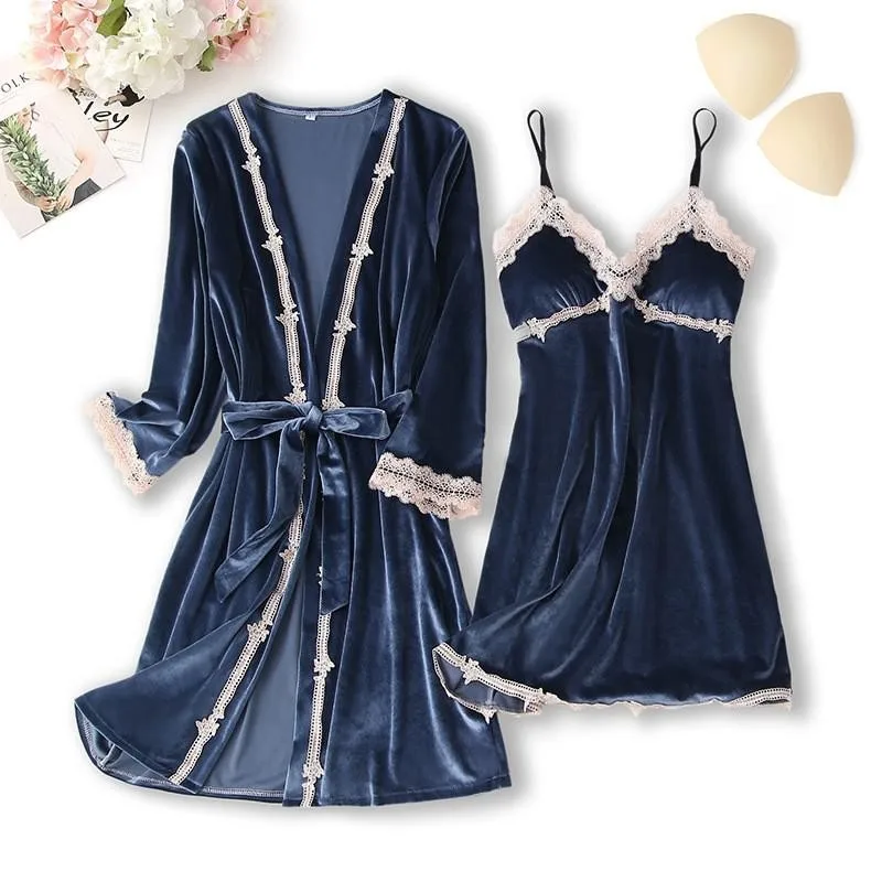 Sexy Lace Nightwear Pajamas Suit Intimate Lingerie Women Velour Sleep Set 5PCS Kimono Robe Velvet Soft Homewear Sleepwear