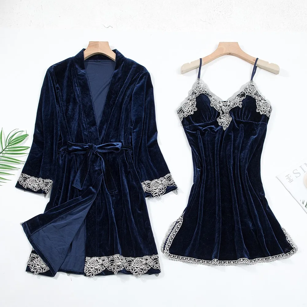 Sexy Lace Nightwear Pajamas Suit Intimate Lingerie Women Velour Sleep Set 5PCS Kimono Robe Velvet Soft Homewear Sleepwear