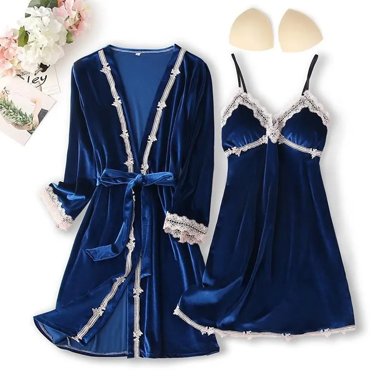 Sexy Lace Nightwear Pajamas Suit Intimate Lingerie Women Velour Sleep Set 5PCS Kimono Robe Velvet Soft Homewear Sleepwear