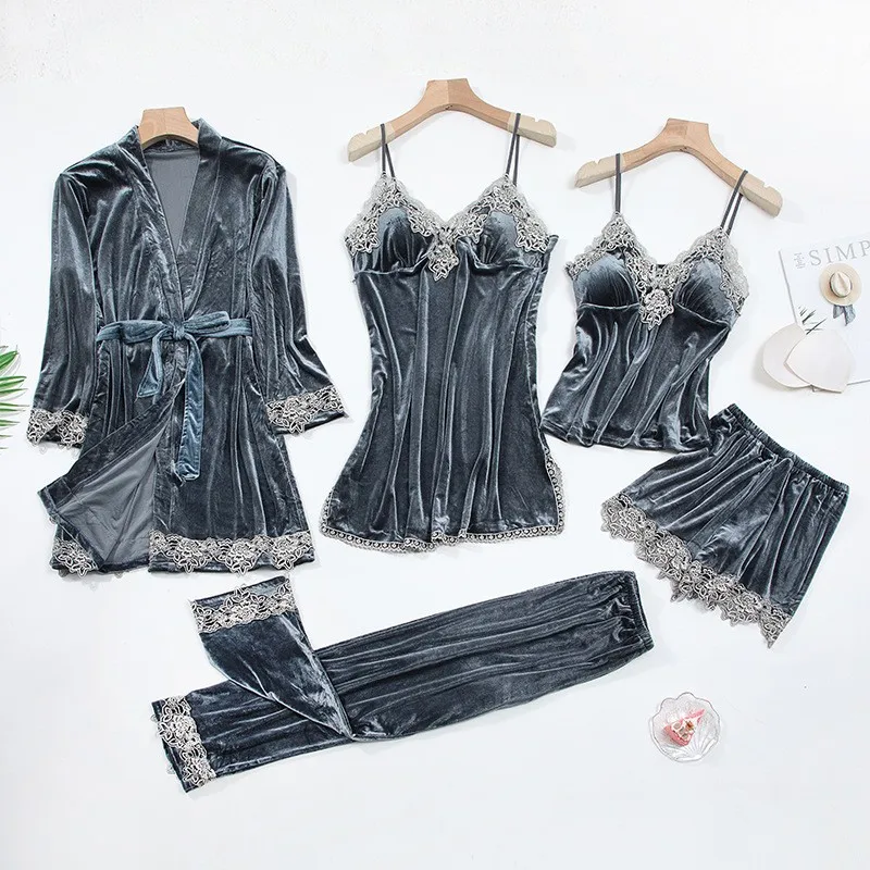 Sexy Lace Nightwear Pajamas Suit Intimate Lingerie Women Velour Sleep Set 5PCS Kimono Robe Velvet Soft Homewear Sleepwear