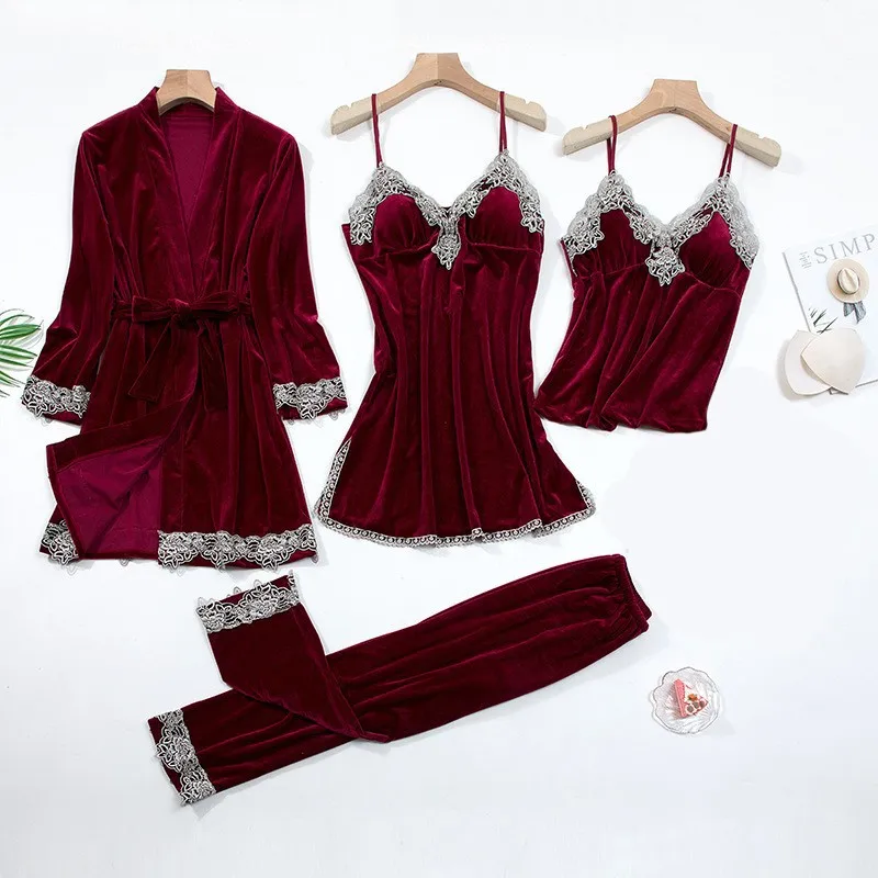 Sexy Lace Nightwear Pajamas Suit Intimate Lingerie Women Velour Sleep Set 5PCS Kimono Robe Velvet Soft Homewear Sleepwear