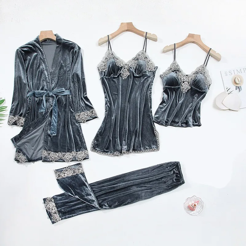 Sexy Lace Nightwear Pajamas Suit Intimate Lingerie Women Velour Sleep Set 5PCS Kimono Robe Velvet Soft Homewear Sleepwear