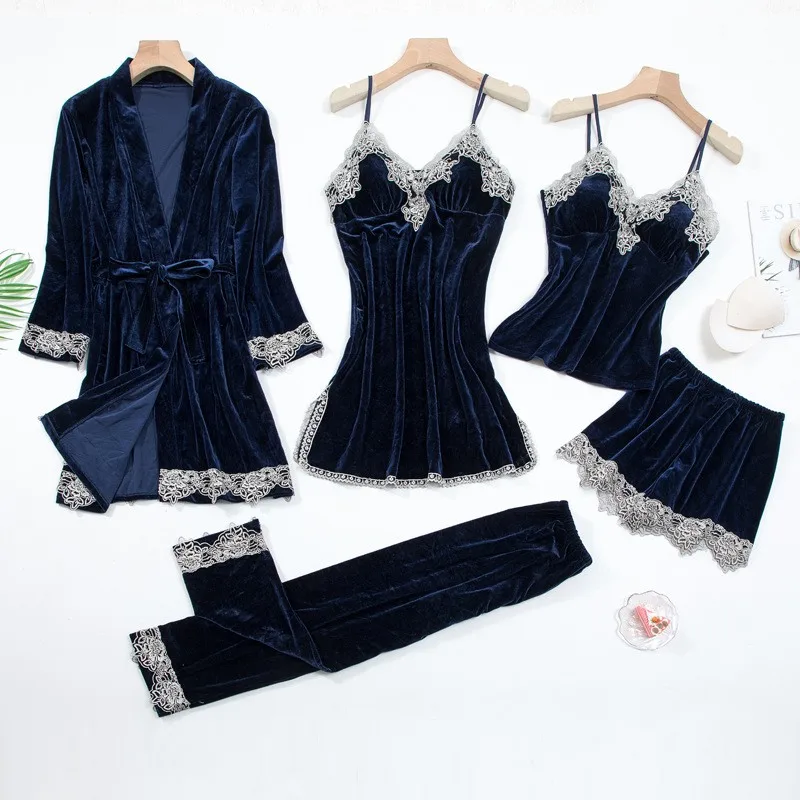 Sexy Lace Nightwear Pajamas Suit Intimate Lingerie Women Velour Sleep Set 5PCS Kimono Robe Velvet Soft Homewear Sleepwear