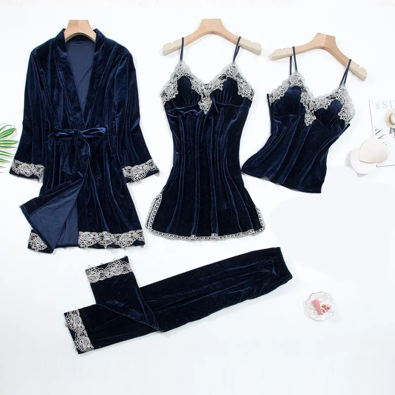 Sexy Lace Nightwear Pajamas Suit Intimate Lingerie Women Velour Sleep Set 5PCS Kimono Robe Velvet Soft Homewear Sleepwear