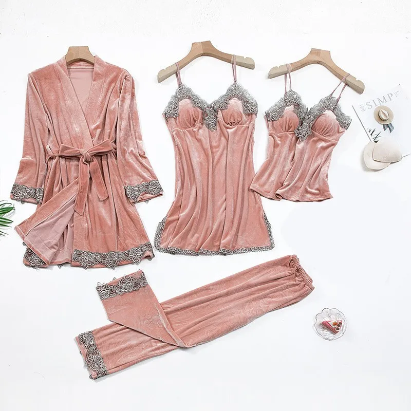 Sexy Lace Nightwear Pajamas Suit Intimate Lingerie Women Velour Sleep Set 5PCS Kimono Robe Velvet Soft Homewear Sleepwear