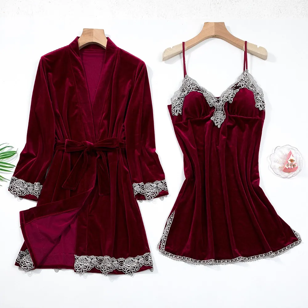 Sexy Lace Nightwear Pajamas Suit Intimate Lingerie Women Velour Sleep Set 5PCS Kimono Robe Velvet Soft Homewear Sleepwear