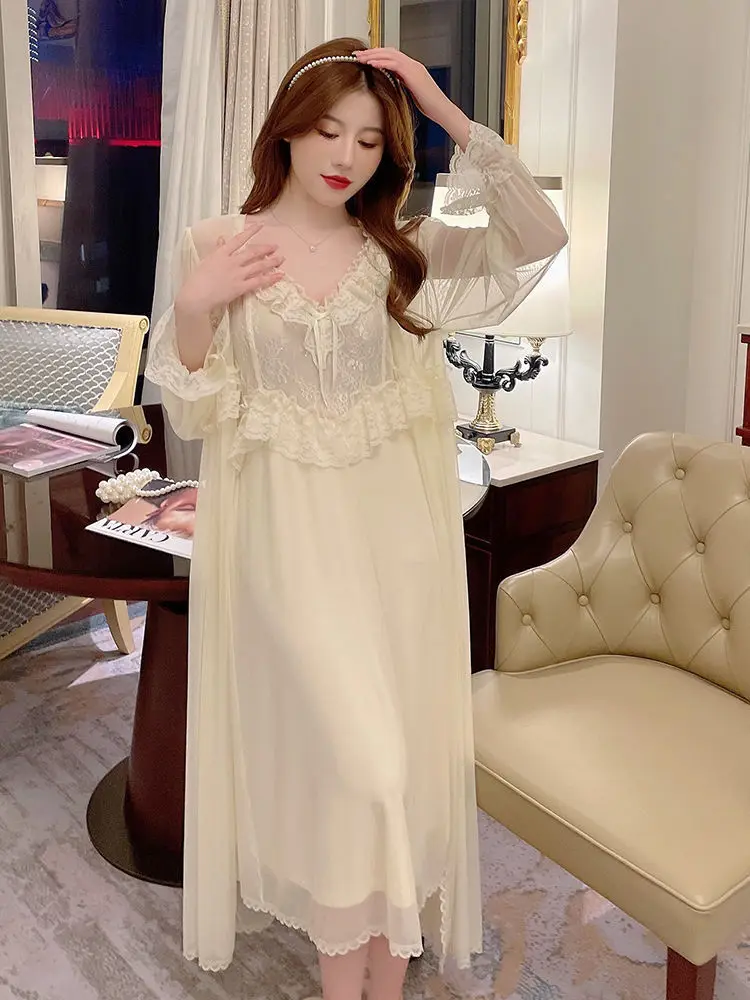 Women'S Pajamas Sexy Lingerie Lace Hot Nightwear 2 Pcs Nightdress Robe Set Sleepwear Women Long Sleeve Female Bathrobe Homewear