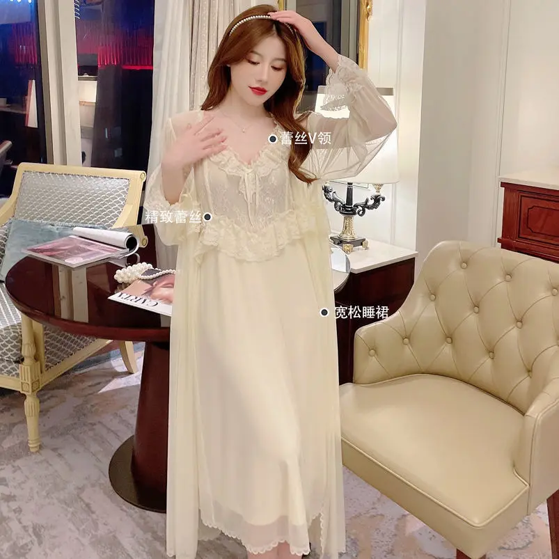 Women'S Pajamas Sexy Lingerie Lace Hot Nightwear 2 Pcs Nightdress Robe Set Sleepwear Women Long Sleeve Female Bathrobe Homewear