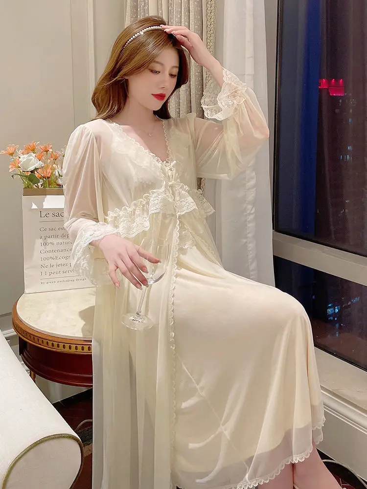 Women'S Pajamas Sexy Lingerie Lace Hot Nightwear 2 Pcs Nightdress Robe Set Sleepwear Women Long Sleeve Female Bathrobe Homewear