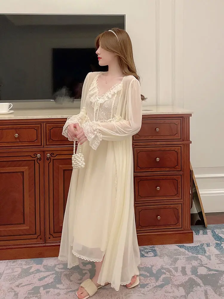 Women'S Pajamas Sexy Lingerie Lace Hot Nightwear 2 Pcs Nightdress Robe Set Sleepwear Women Long Sleeve Female Bathrobe Homewear