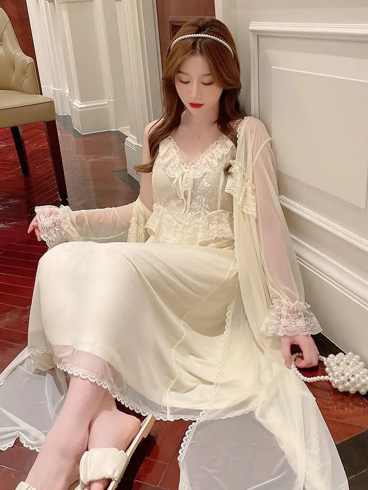 Women'S Pajamas Sexy Lingerie Lace Hot Nightwear 2 Pcs Nightdress Robe Set Sleepwear Women Long Sleeve Female Bathrobe Homewear