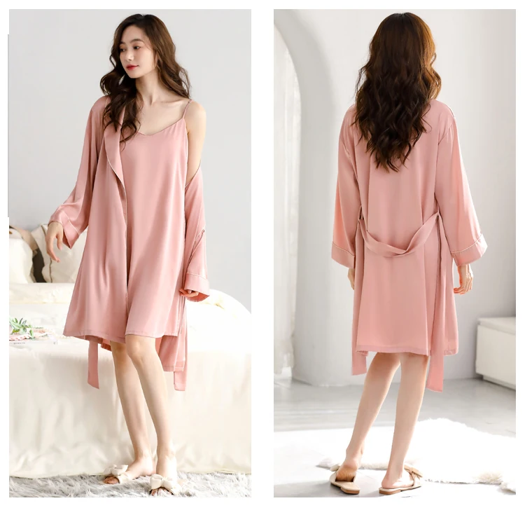 5 Colors 2 Pieces Silk Set Ladies Sexy Robe+Slip Dress Women's Sexy Lingerie Satin Sleepwear Solid Nightwear Bathrobe