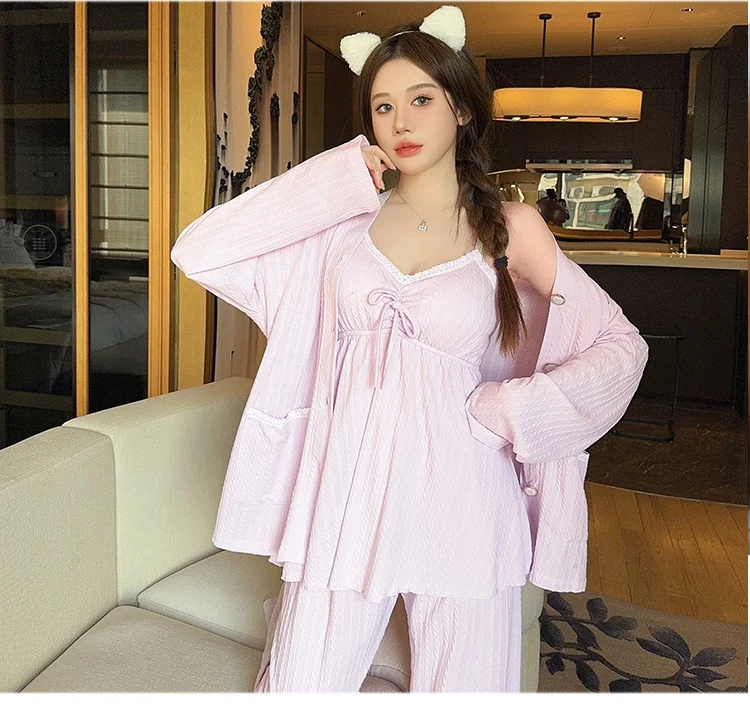 2024 Spring Plus Size 3PCS Sexy Lace Lingerie Spaghetti Strap Cotton Pajama Sets For Women Cute Sleepwear Homewear Home Clothes