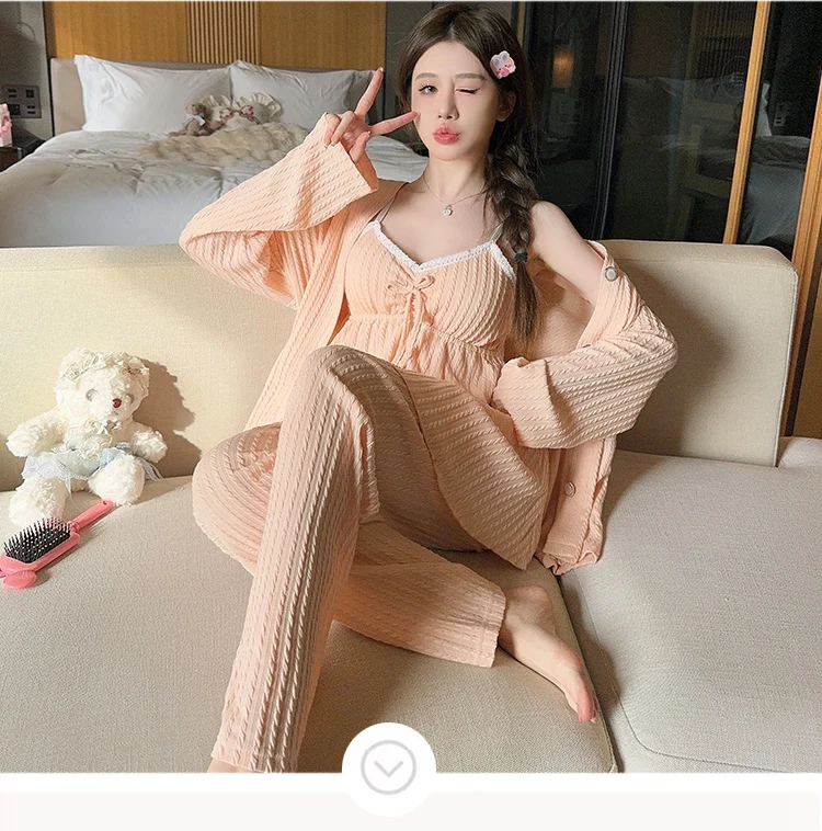 2024 Spring Plus Size 3PCS Sexy Lace Lingerie Spaghetti Strap Cotton Pajama Sets For Women Cute Sleepwear Homewear Home Clothes