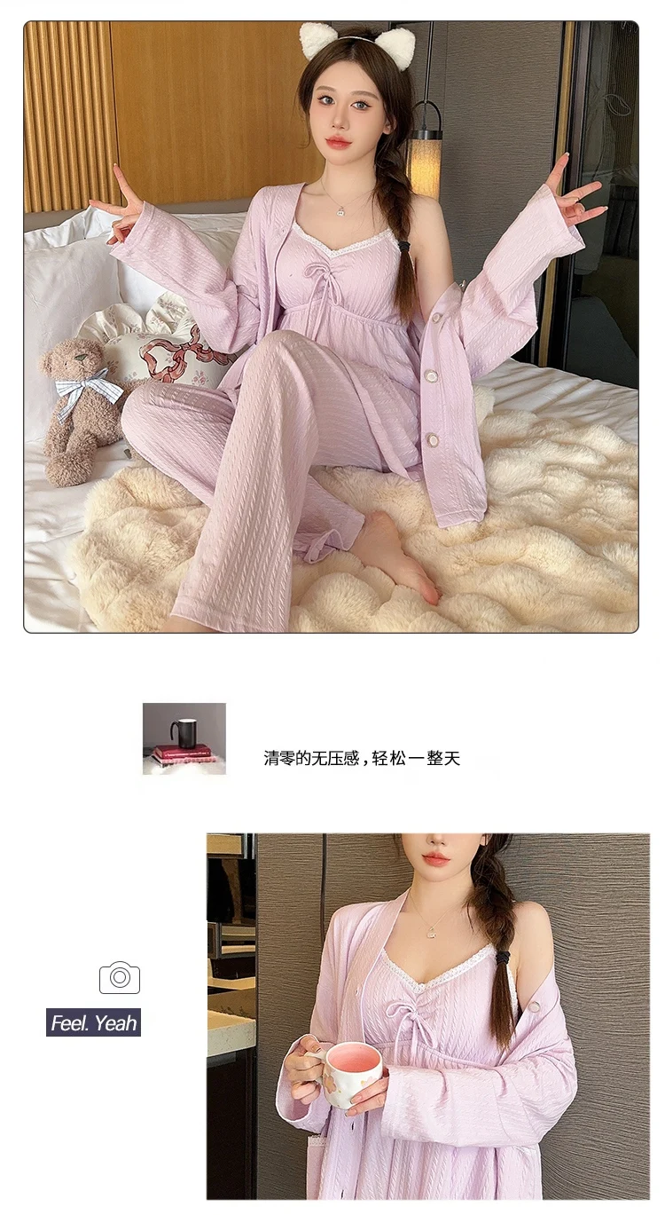 2024 Spring Plus Size 3PCS Sexy Lace Lingerie Spaghetti Strap Cotton Pajama Sets For Women Cute Sleepwear Homewear Home Clothes