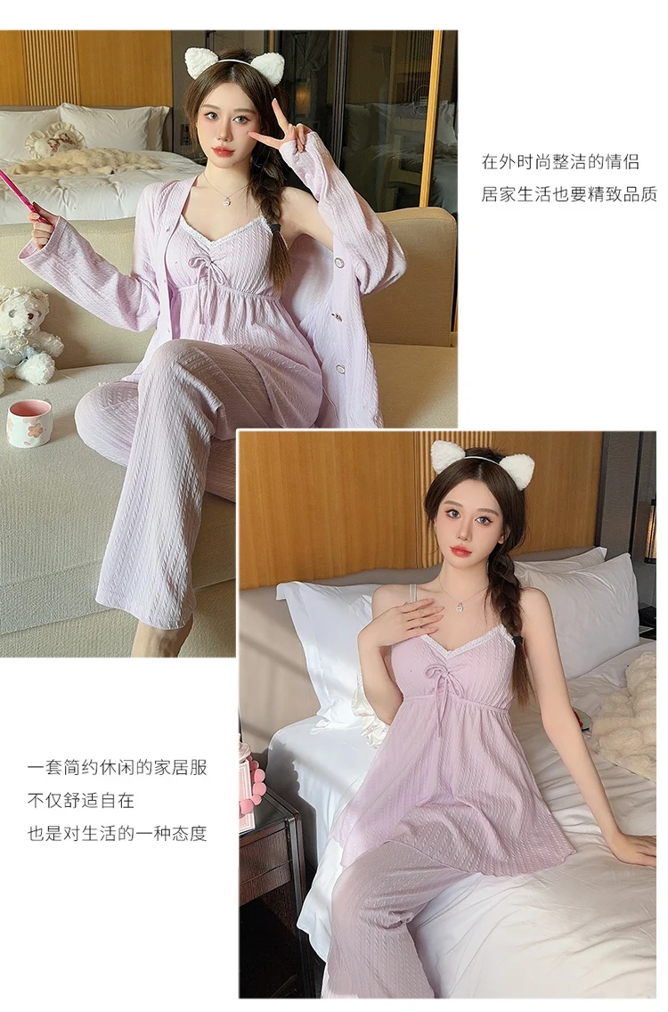 2024 Spring Plus Size 3PCS Sexy Lace Lingerie Spaghetti Strap Cotton Pajama Sets For Women Cute Sleepwear Homewear Home Clothes