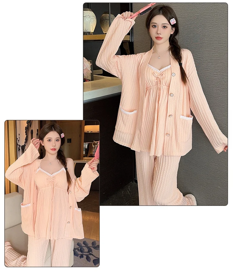 2024 Spring Plus Size 3PCS Sexy Lace Lingerie Spaghetti Strap Cotton Pajama Sets For Women Cute Sleepwear Homewear Home Clothes