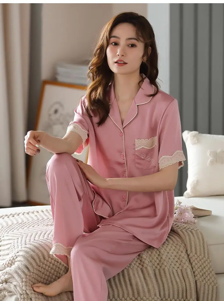 Women Sweet Lace 2PCS Pajamas Sets Sexy Notched Suit Pyjamas M-XXL Sleepwear Casual Nightwear Lingerie Bride Home Wear Clothes