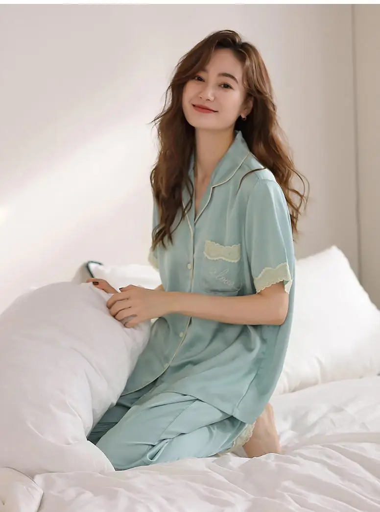 Women Sweet Lace 2PCS Pajamas Sets Sexy Notched Suit Pyjamas M-XXL Sleepwear Casual Nightwear Lingerie Bride Home Wear Clothes