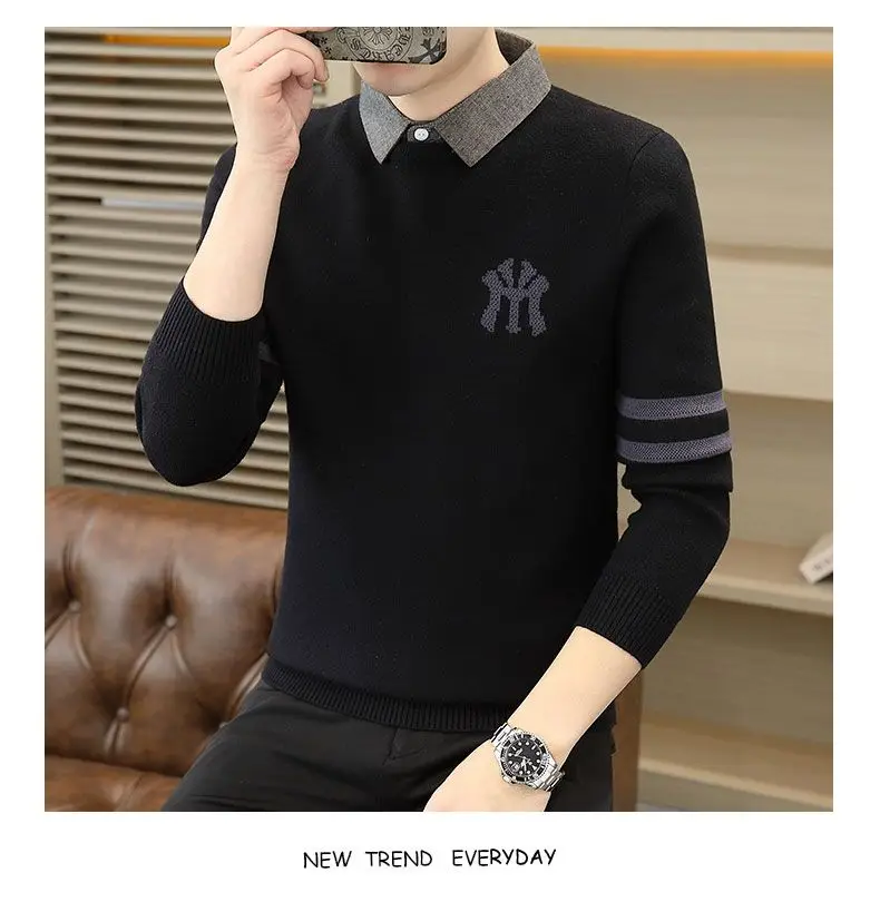 High-quality Men’s Fake Two Pieces Shirt,Spring And Autumn Knit Dress,Slim-fit Long Sleeve Shirt;Stripes Embroidery Knitwear;