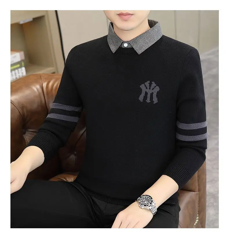 High-quality Men’s Fake Two Pieces Shirt,Spring And Autumn Knit Dress,Slim-fit Long Sleeve Shirt;Stripes Embroidery Knitwear;