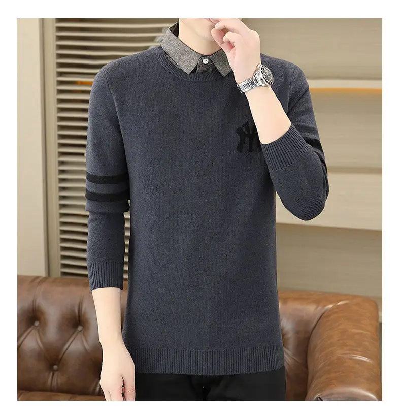 High-quality Men’s Fake Two Pieces Shirt,Spring And Autumn Knit Dress,Slim-fit Long Sleeve Shirt;Stripes Embroidery Knitwear;