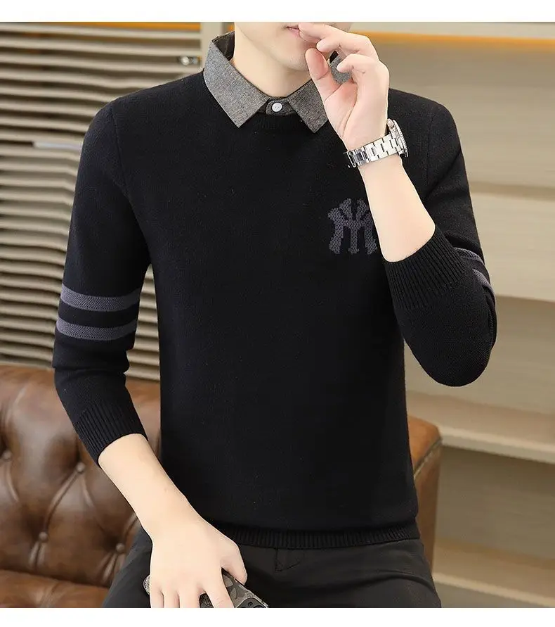 High-quality Men’s Fake Two Pieces Shirt,Spring And Autumn Knit Dress,Slim-fit Long Sleeve Shirt;Stripes Embroidery Knitwear;