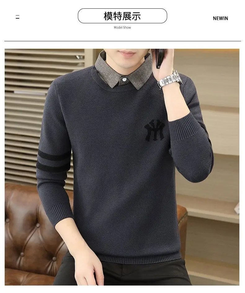 High-quality Men’s Fake Two Pieces Shirt,Spring And Autumn Knit Dress,Slim-fit Long Sleeve Shirt;Stripes Embroidery Knitwear;