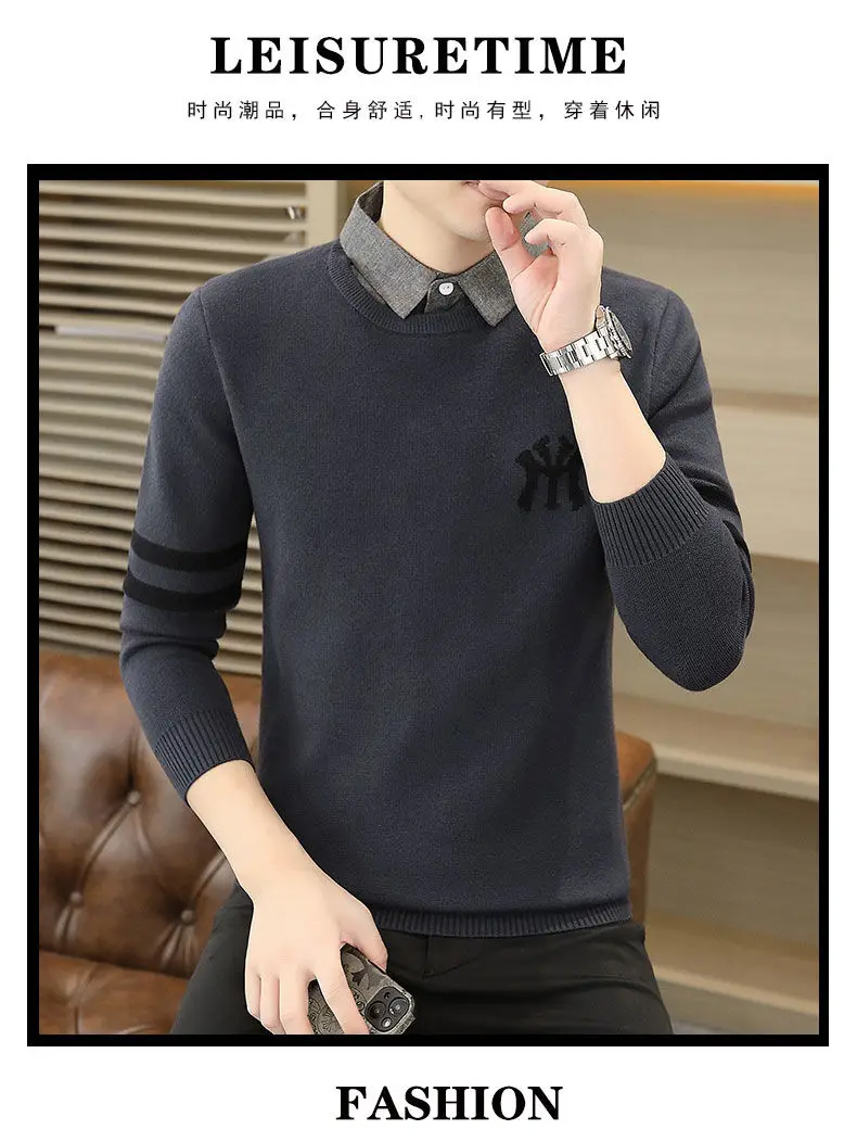 High-quality Men’s Fake Two Pieces Shirt,Spring And Autumn Knit Dress,Slim-fit Long Sleeve Shirt;Stripes Embroidery Knitwear;