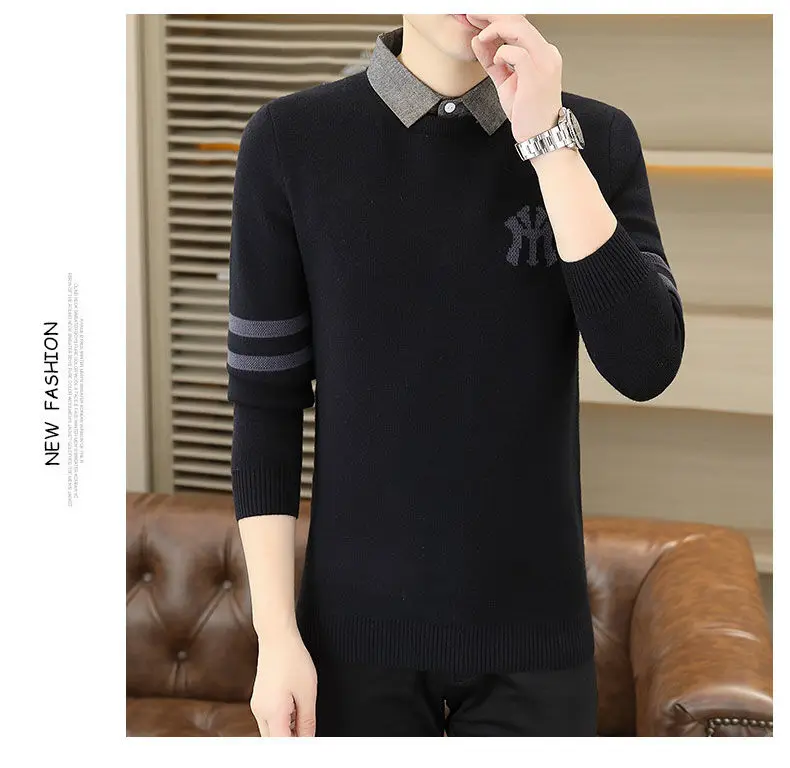 High-quality Men’s Fake Two Pieces Shirt,Spring And Autumn Knit Dress,Slim-fit Long Sleeve Shirt;Stripes Embroidery Knitwear;