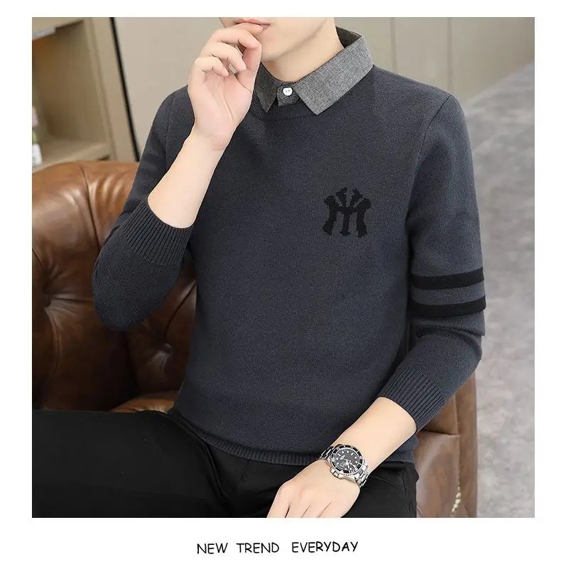 High-quality Men’s Fake Two Pieces Shirt,Spring And Autumn Knit Dress,Slim-fit Long Sleeve Shirt;Stripes Embroidery Knitwear;