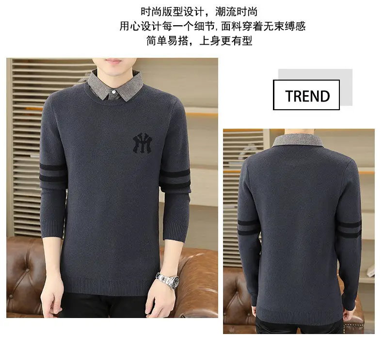 High-quality Men’s Fake Two Pieces Shirt,Spring And Autumn Knit Dress,Slim-fit Long Sleeve Shirt;Stripes Embroidery Knitwear;