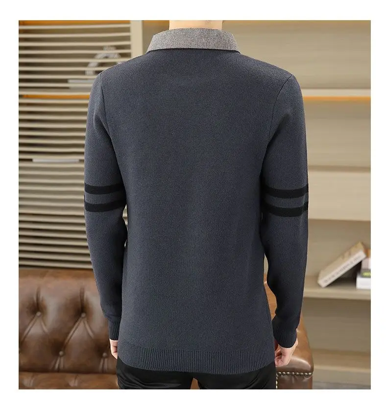 High-quality Men’s Fake Two Pieces Shirt,Spring And Autumn Knit Dress,Slim-fit Long Sleeve Shirt;Stripes Embroidery Knitwear;