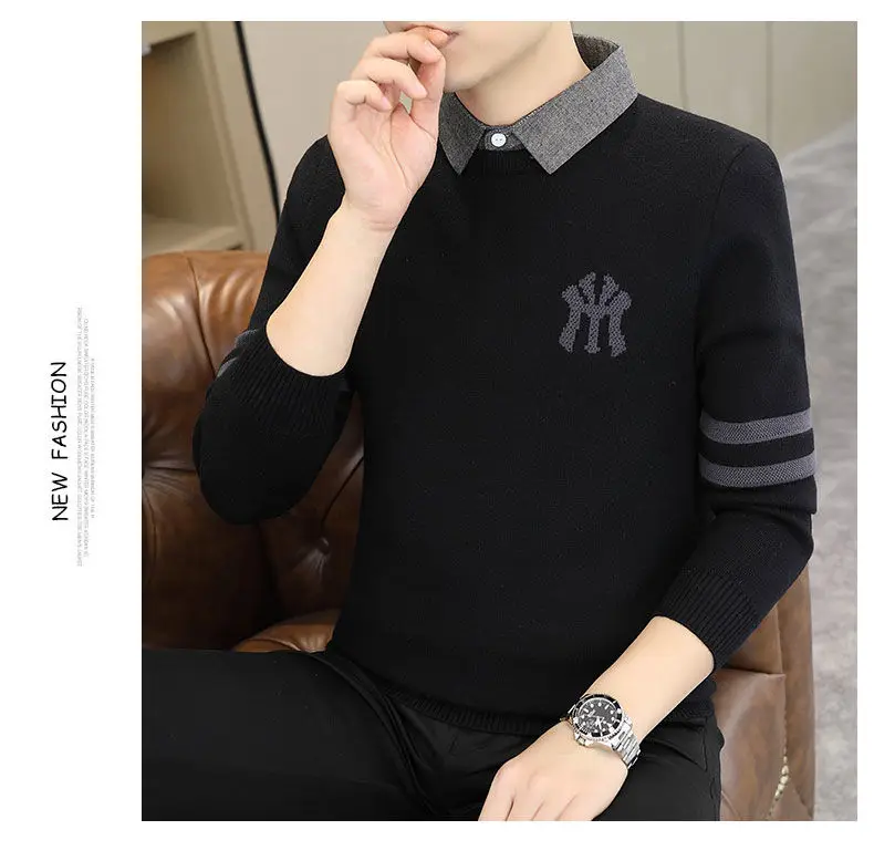 High-quality Men’s Fake Two Pieces Shirt,Spring And Autumn Knit Dress,Slim-fit Long Sleeve Shirt;Stripes Embroidery Knitwear;