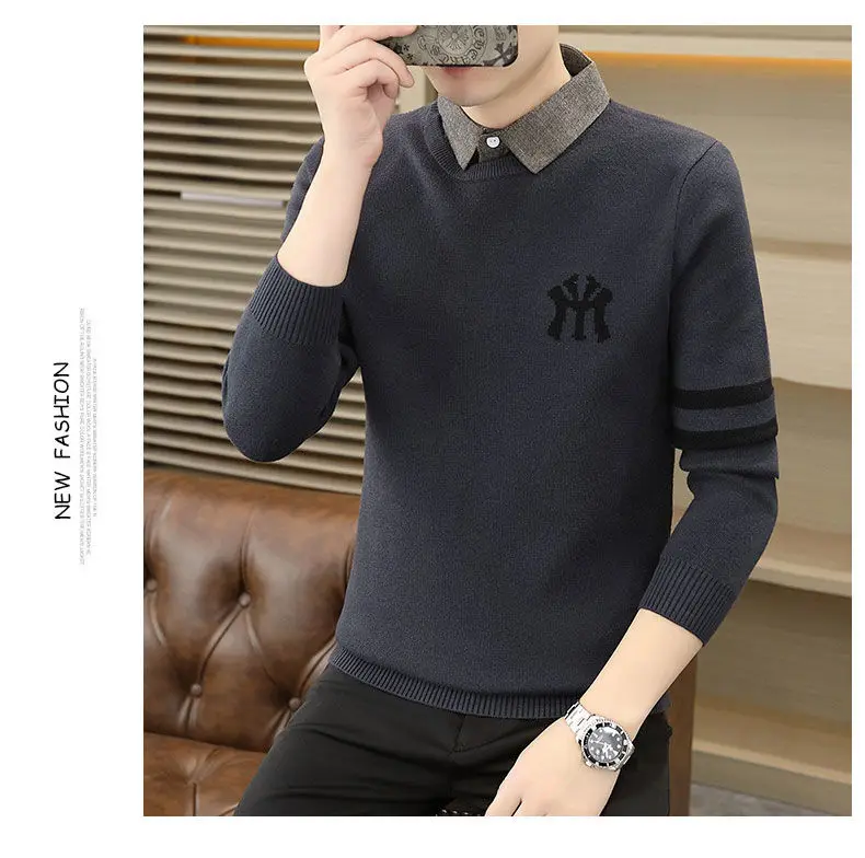 High-quality Men’s Fake Two Pieces Shirt,Spring And Autumn Knit Dress,Slim-fit Long Sleeve Shirt;Stripes Embroidery Knitwear;