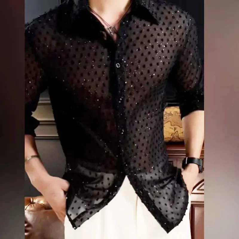 2024 Fall Vintage Fashion Black Dress Shirt Man Men's Hollow Mesh Lace Long Sleeve Loose Casual s Male Streetwear