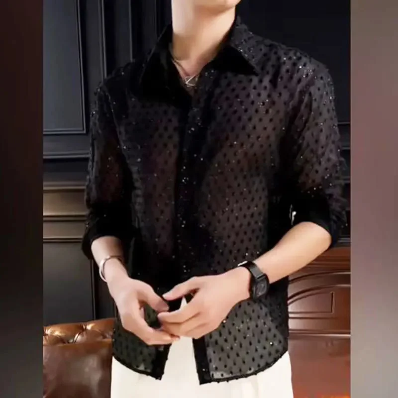 2024 Fall Vintage Fashion Black Dress Shirt Man Men's Hollow Mesh Lace Long Sleeve Loose Casual s Male Streetwear