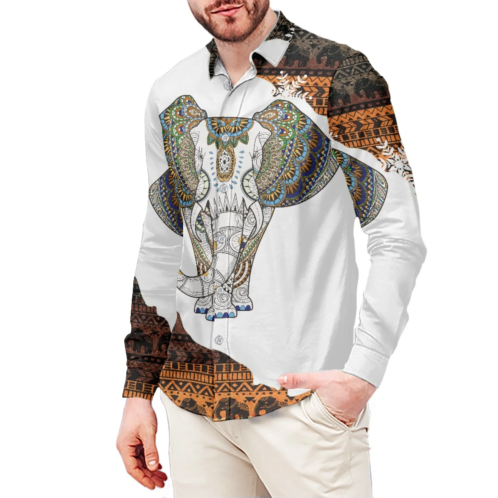 Elephant Tattoo Print Tribal Long Sleeve Shirt Black Samoa Men's Dress Shirt Wedding Polynesian S-6xl Plus Small Men's Clothing