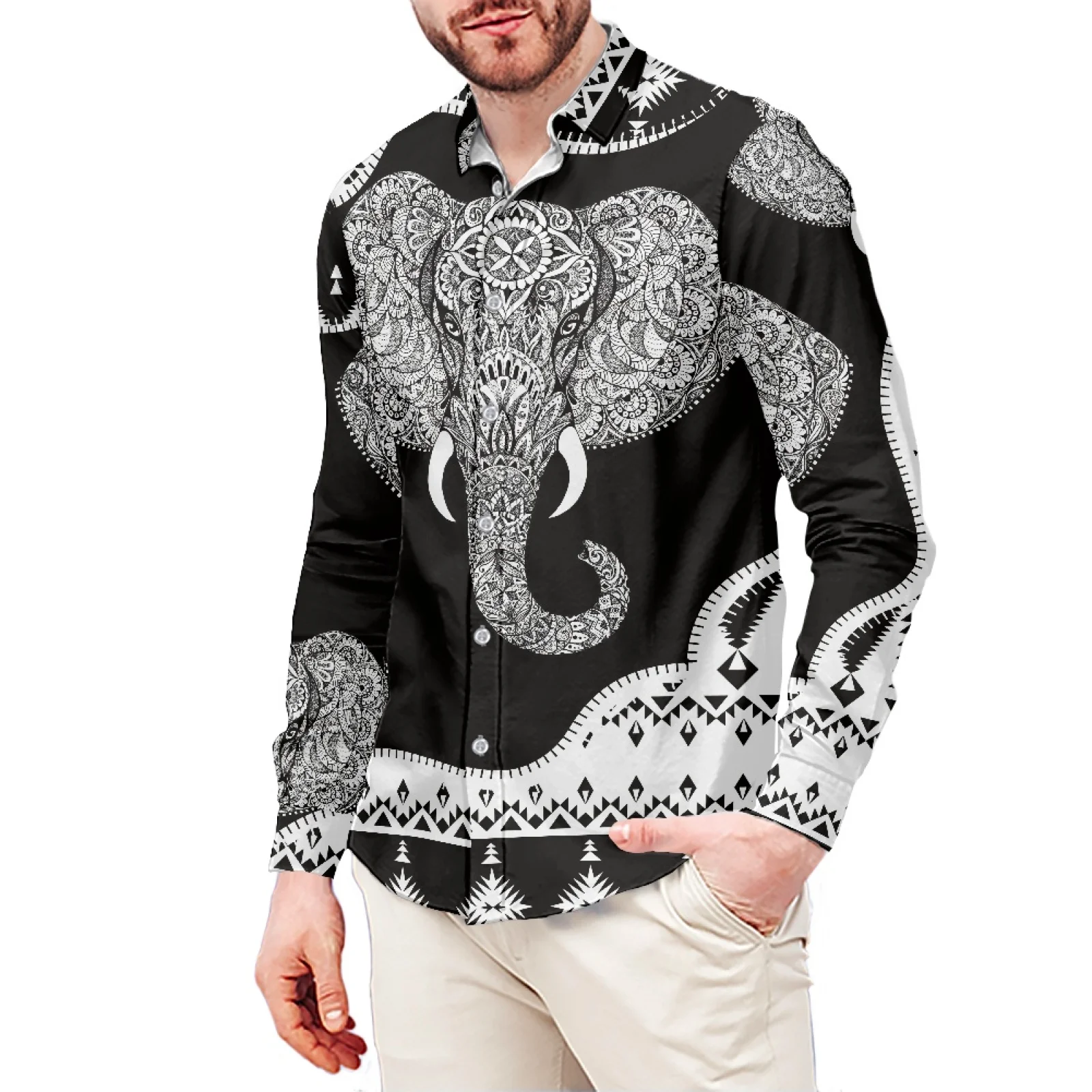 Elephant Tattoo Print Tribal Long Sleeve Shirt Black Samoa Men's Dress Shirt Wedding Polynesian S-6xl Plus Small Men's Clothing