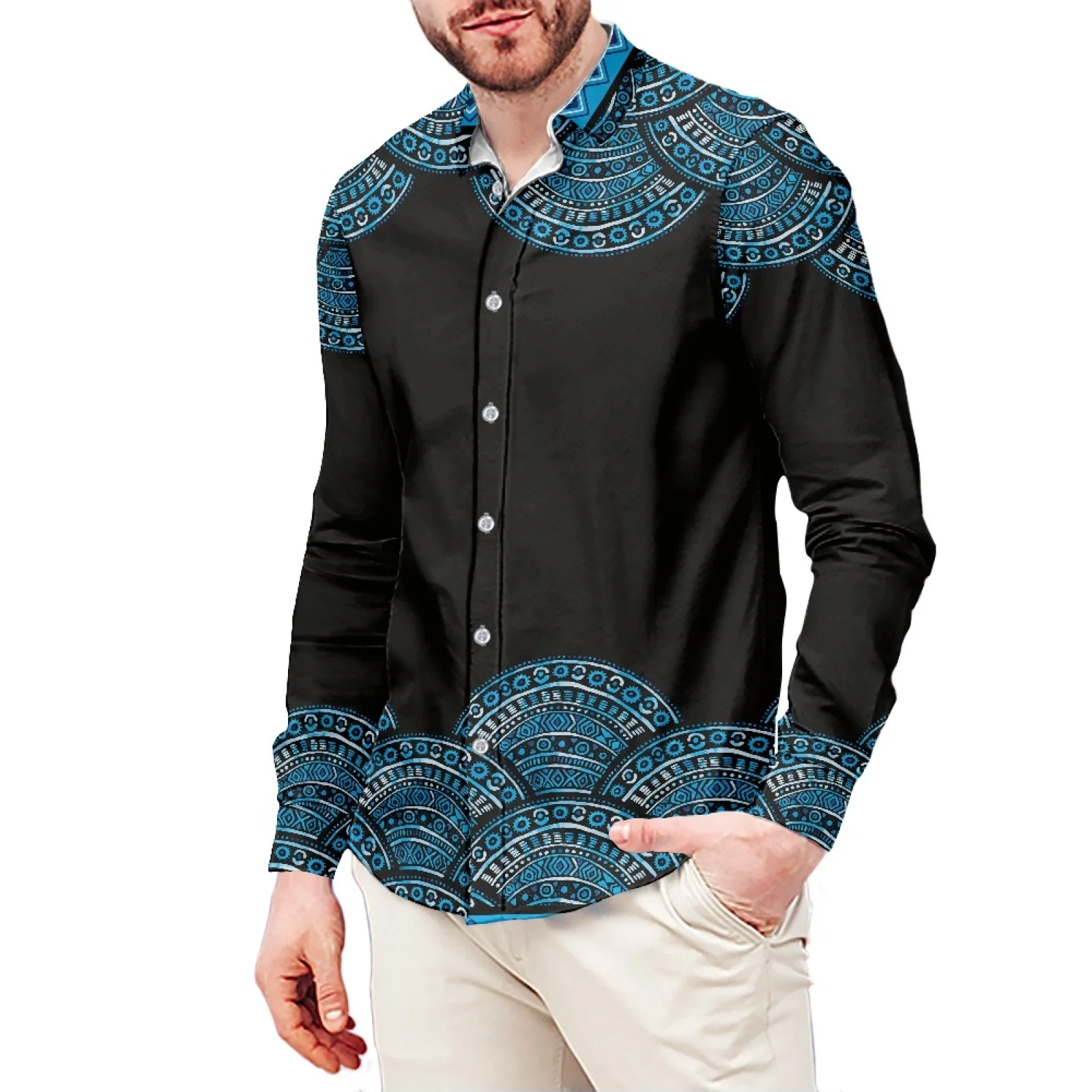 Elephant Tattoo Print Tribal Long Sleeve Shirt Black Samoa Men's Dress Shirt Wedding Polynesian S-6xl Plus Small Men's Clothing