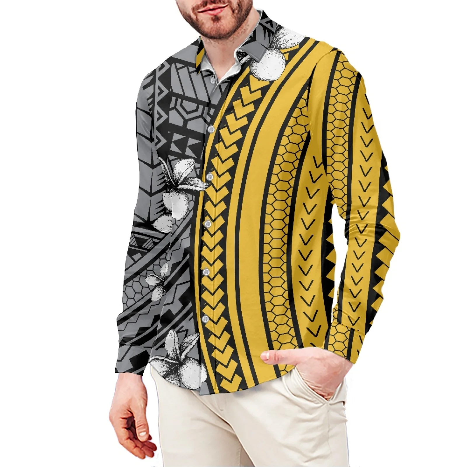 Blue And Black Tattoo Picture Ethnic Style Printed T-Shirt Polynesian Long Sleeve Shirt Samoa Men's Dress Shirt Wedding S-6xl